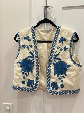 Embroidered Cream Vest with Blue Floral Detailing